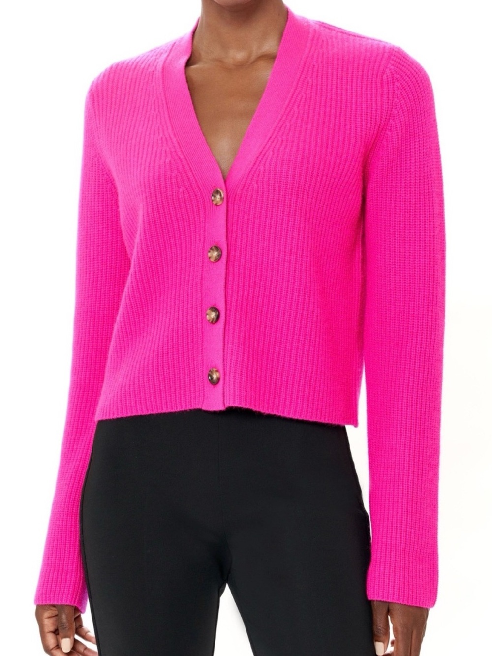 La Ligne Hot Pink Cropped V-Neck Button Cardigan